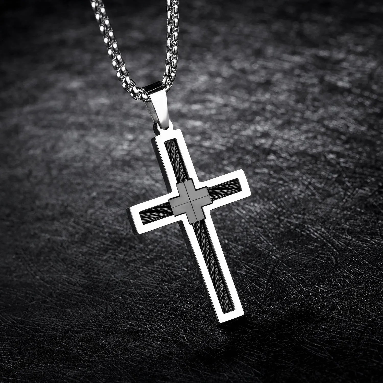 Titanium steel wire cross pendant on a 550mm white steel chain, silver finish, men's necklace