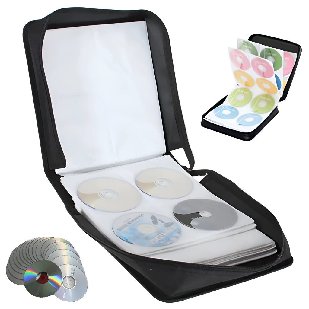 Black Oxford fabric CD storage organiser bag with zipper closure and top hand strap.