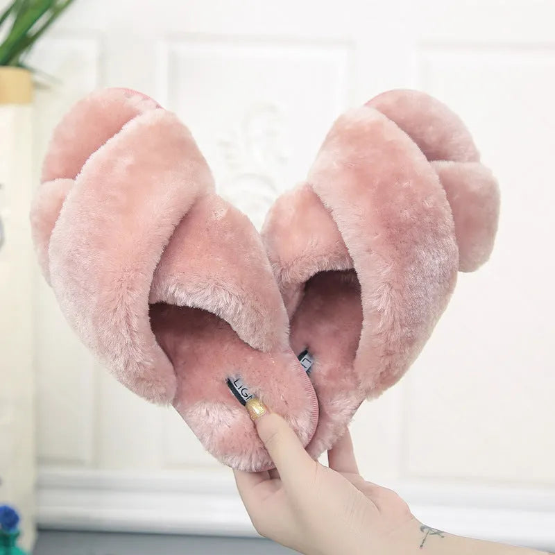 Cross open-toe fur slippers in multiple colours showing fur lining and patterned non-slip sole.