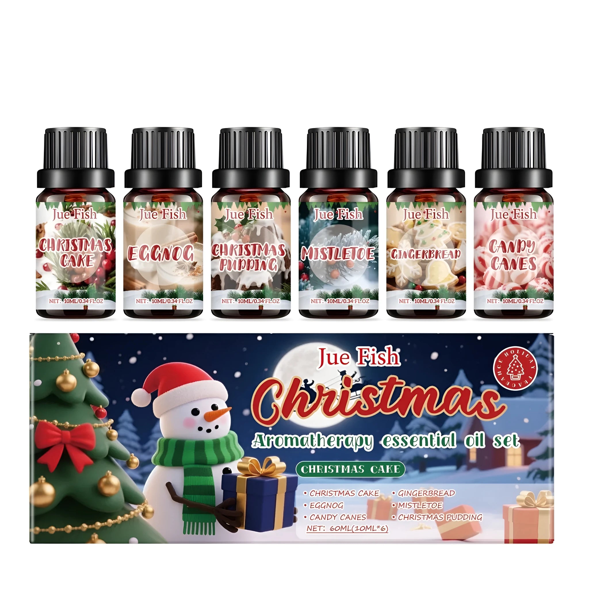 Christmas essential oil set showing six 10ml bottles with festive scent labels.