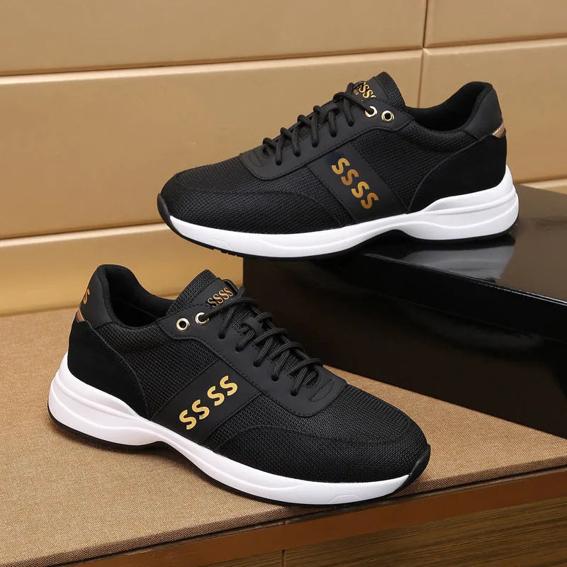 Men's black leather sneakers first layer cowhide upper round toe rubber sole