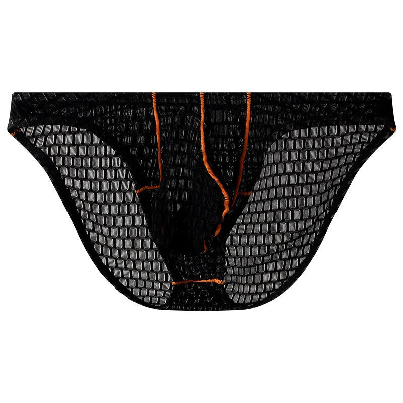 Men's low waist lace briefs in white, black, green, rose red, or light purple on a plain background.