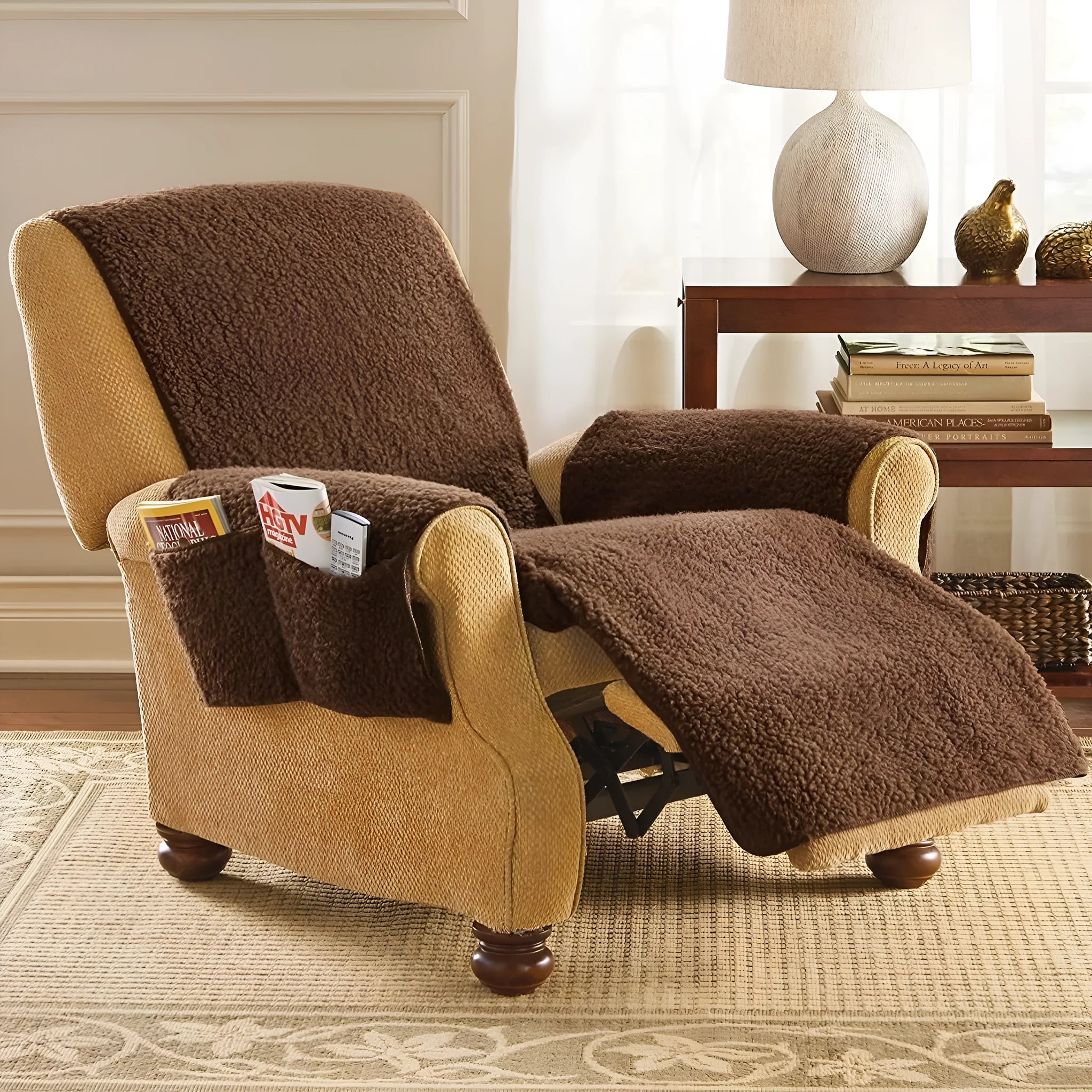 Polyester sofa cushion cover in lamb wool beige colour showing universal fit design