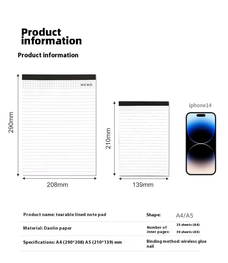 A4 tearable meeting minutes notebook with paper cover showing ivory white interior pages