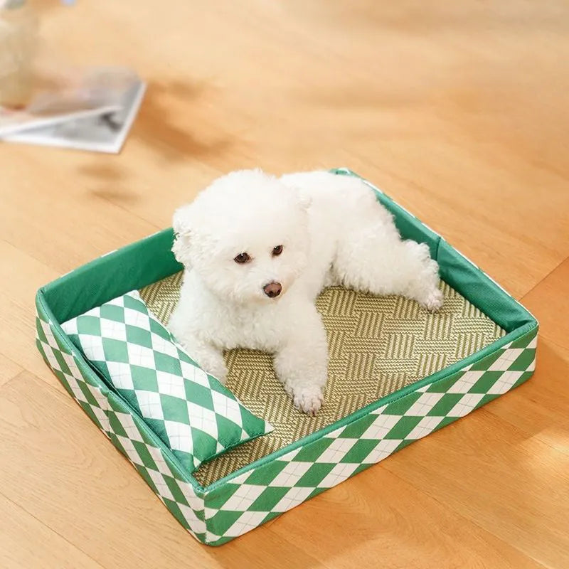 Blue woven rattan cat bed mat sitting on top of a white litter tray.