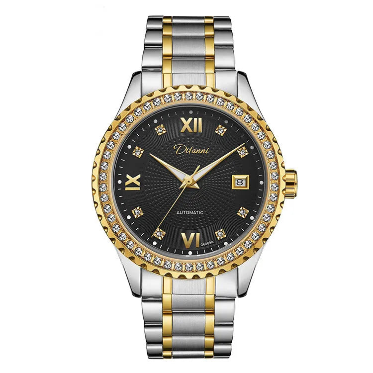Men's gold or silver automatic mechanical watch with luminous hands, waterproof design, and black or white dial.