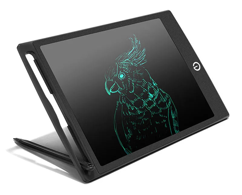 Black LCD writing tablet with ABS frame and blue-green display, 8.5 inch screen, side view showing slim profile