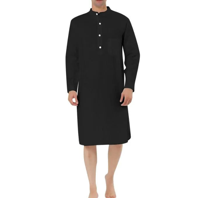 Men's cotton shirt robe shown in multiple colour options including Lake Blue, Light Khaki, White, and Black.