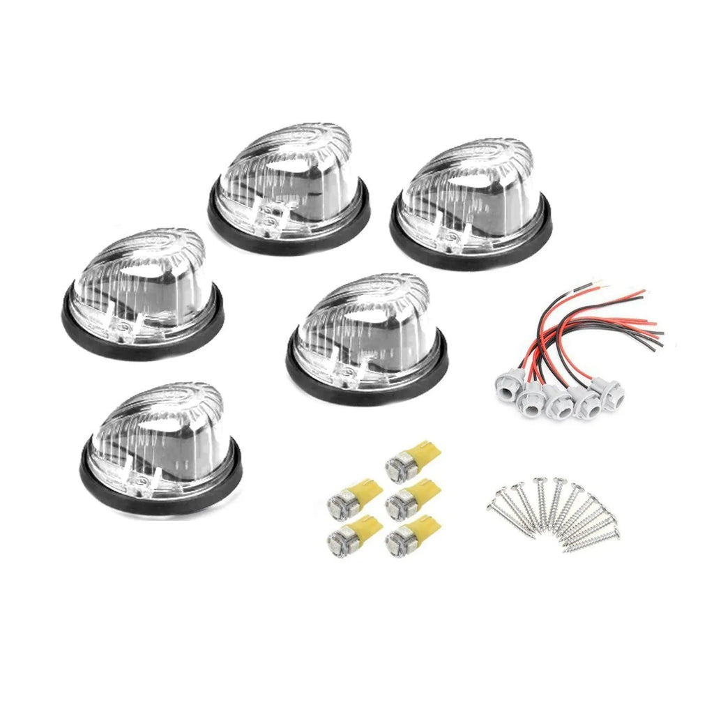 Five cab roof marker light assemblies with yellow lenses, bases, T10 LED bulbs, screws, and wire sockets for commercial vehicle installation