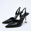Women's pointed high heels in patent leather, shown in apricot and black colours, featuring a shallow mouth design.