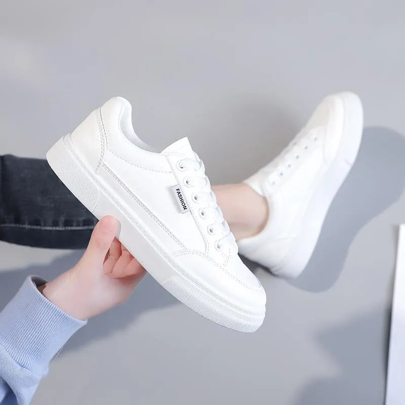 Korean style white and brown low top women's sneakers with artificial PU upper