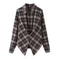 Women's loose-fit plaid shirt with long sleeves, button placket, and plant-and-flower print on a blue-green plaid base