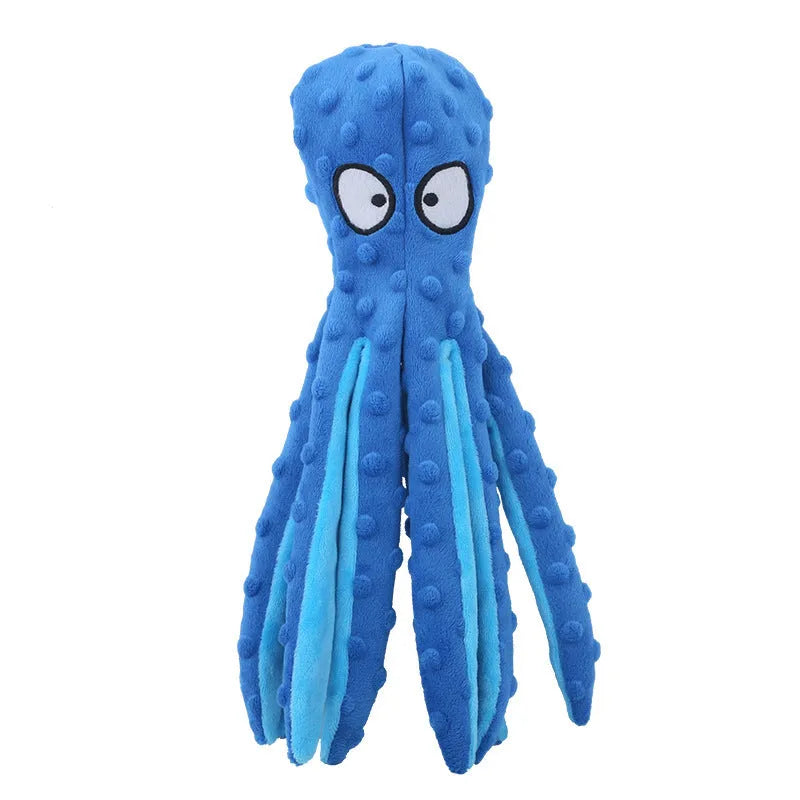 Blue octopus dog toy with squeaker and crinkle sounds for interactive play