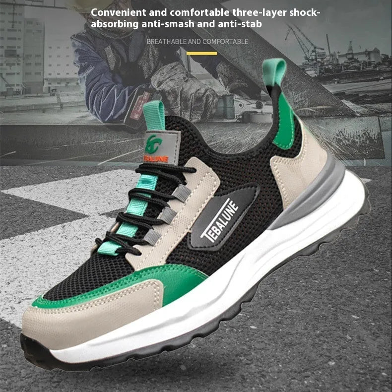 Black green safety shoes with mesh uppers and plastic steel toe cap