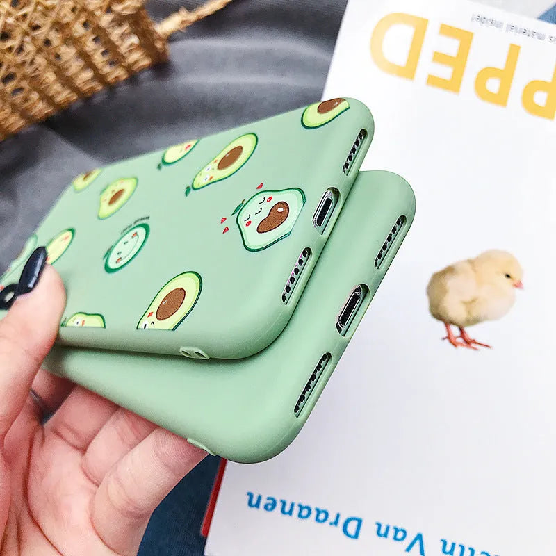 Colourful avocado cartoon design on a flexible TPU phone case for iPhones and Android models.