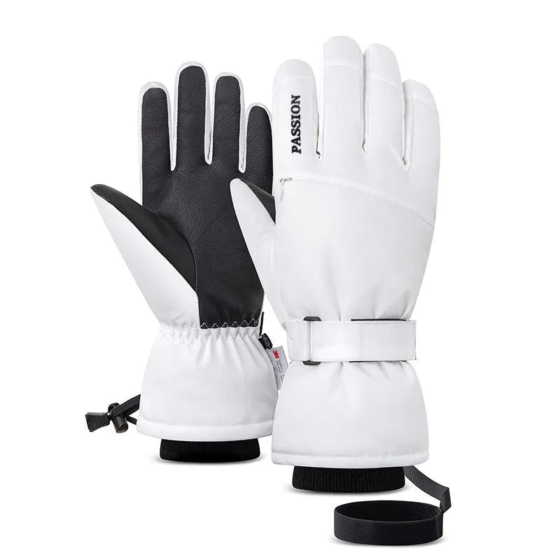 Pair of waterproof warm ski gloves with touch screen fingers and non-slip palm in black colour on white background