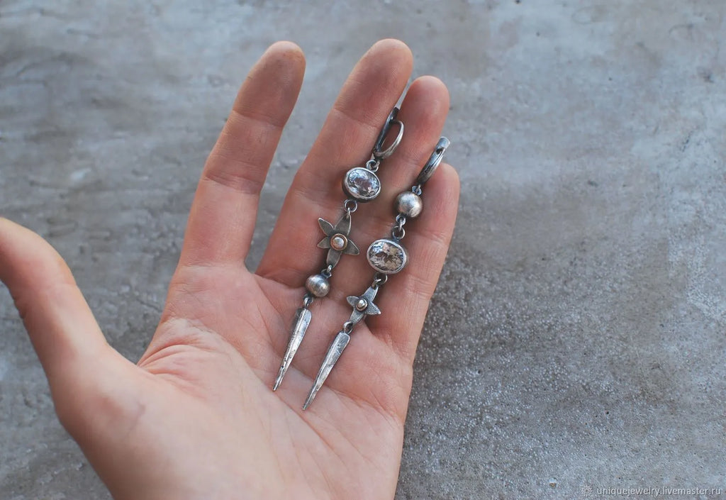 Hesheng geometric long drop earrings in antique silver with rhinestones on XINGX pendant