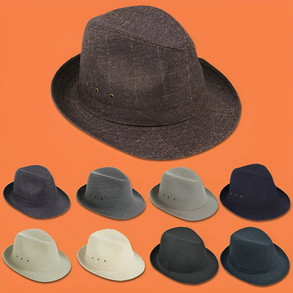 Men's thickened fedora hat shown in classic colours with size options from 57 to 60 centimetres.