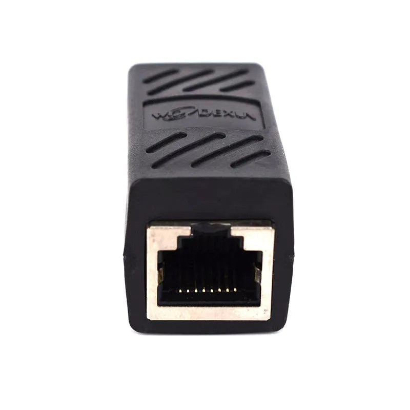 Black RJ45 network cable extender adapter with connectors on both ends