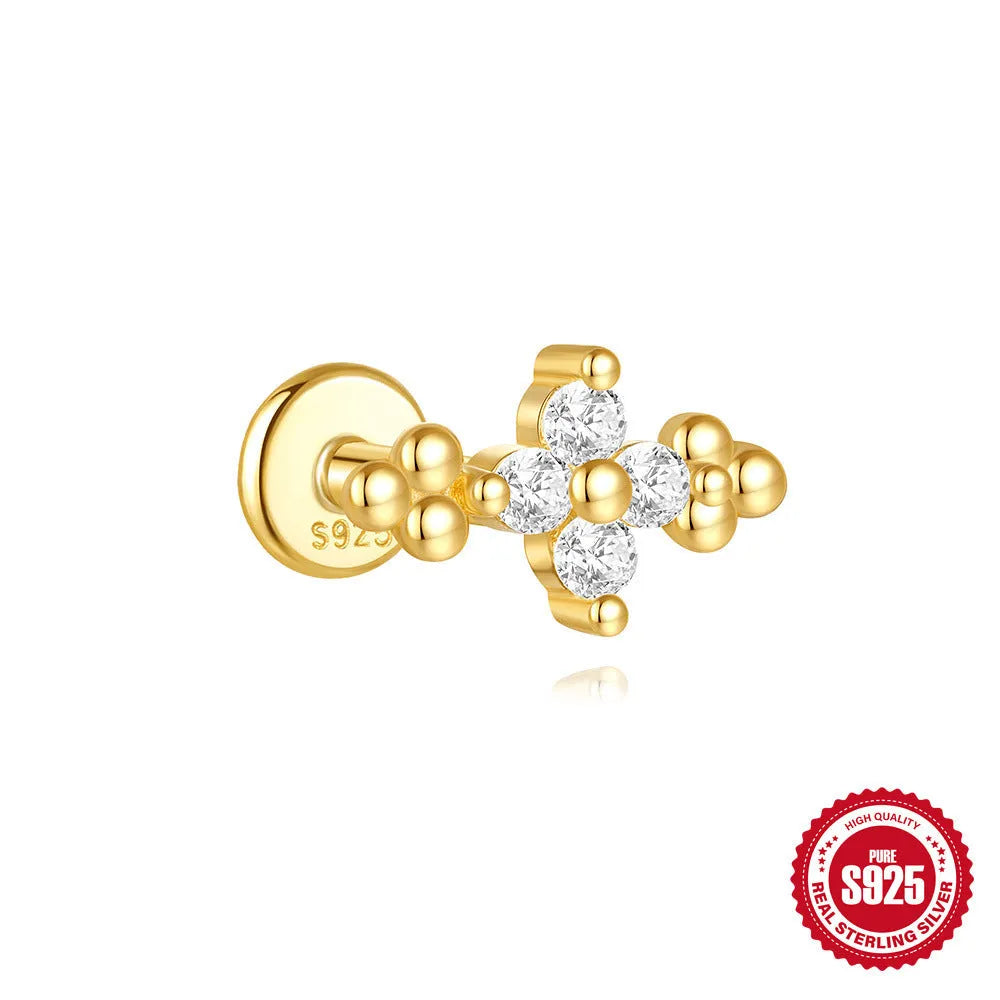S925 sterling silver moon-shaped earring with embedded gold-tone star, geometric unisex design.