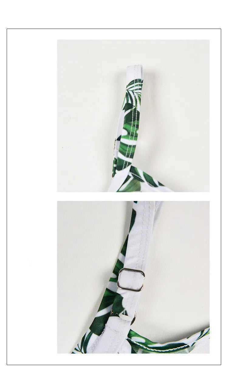 Women's printed one-piece swimsuit in polyester with green leaf or black letter style options