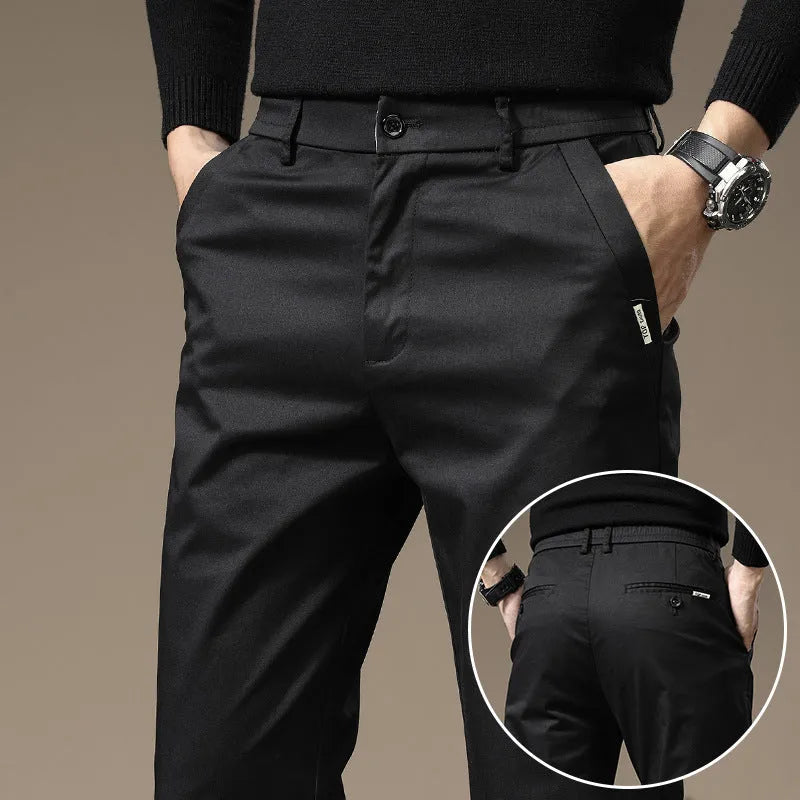 Combed cotton light business casual trousers for men in four colours with mid-rise elastic waist