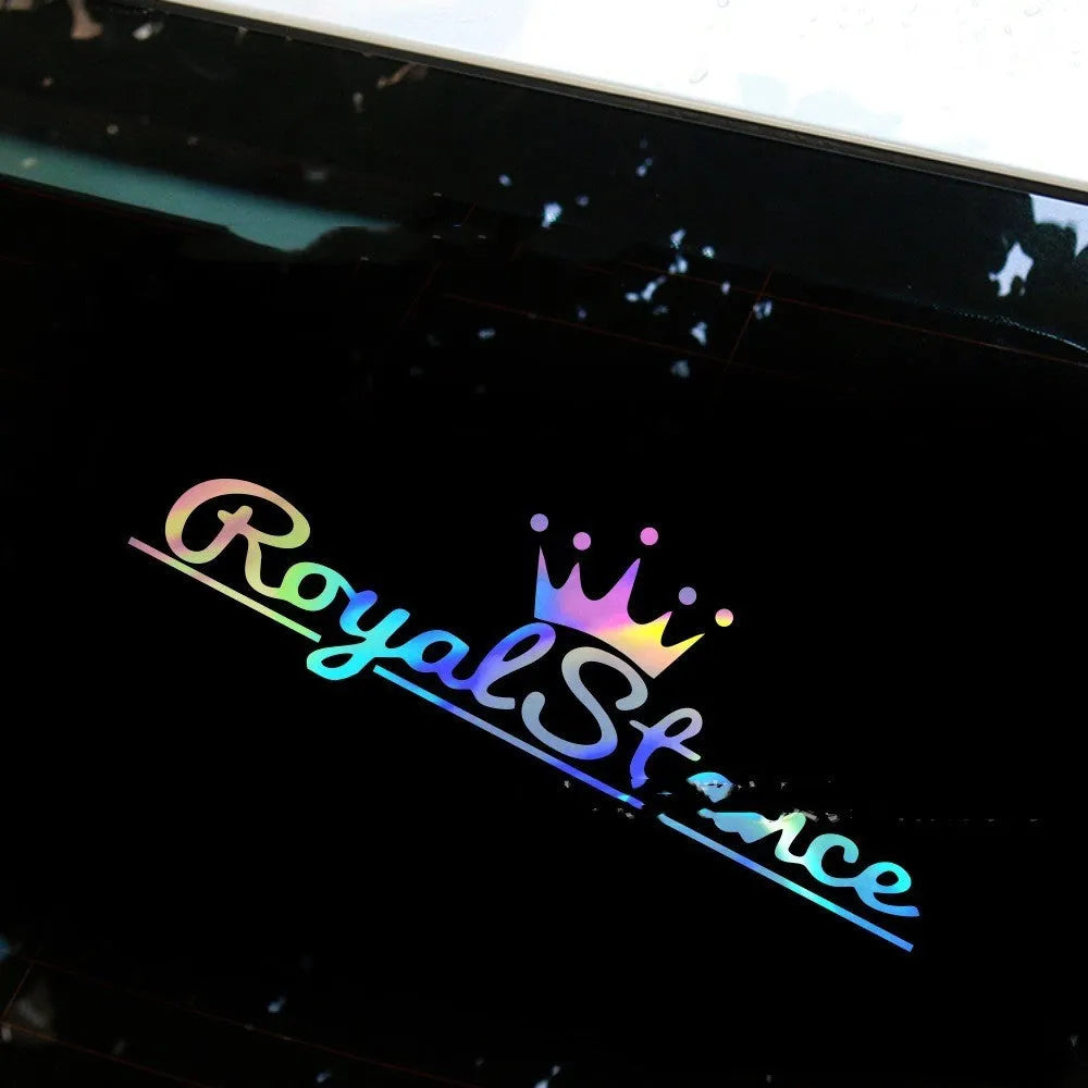 Colourful reflective crown shape car sticker made from PET vinyl, shown with dimensions.