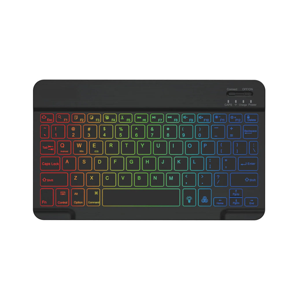 A 10-inch black Bluetooth keyboard with multi-colour LED backlit keys on a desk next to a tablet.