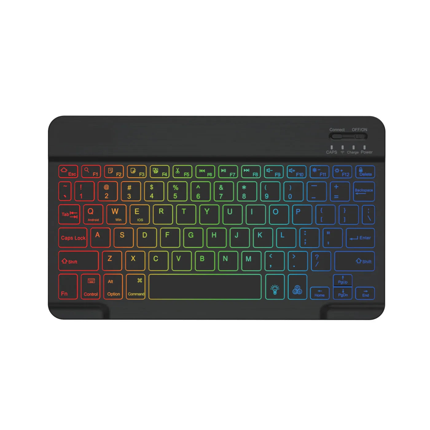A 10-inch black Bluetooth keyboard with multi-colour LED backlit keys on a desk next to a tablet.