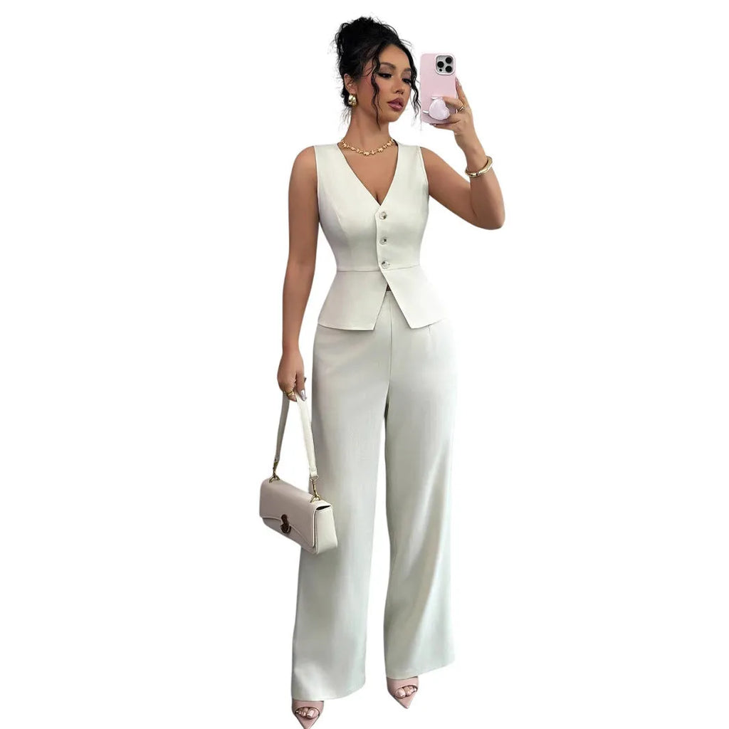 Women's sleeveless slim fit vest and high waist trousers two-piece set in solid colour