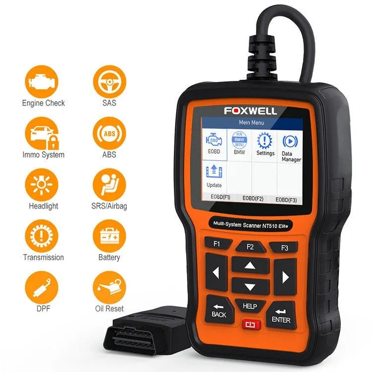 Foxwell NT510 orange and black automotive OBD2 diagnostic scanner with data cable