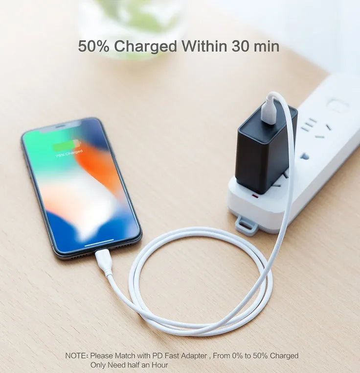White braided USB-C to Lightning cable with reinforced connectors measuring 1 metre