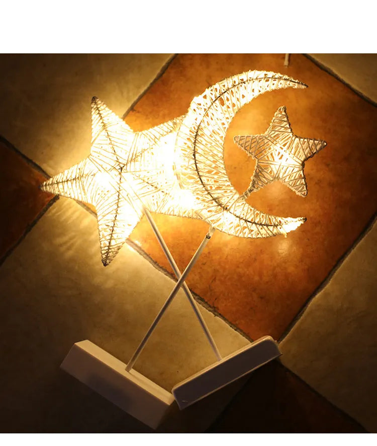 Rattan LED table lamp in heart, star or moon shape with copper wire frame