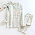 Japanese style cotton gauze ladies homewear set with long sleeves and trousers in stripe or red fruit pattern.
