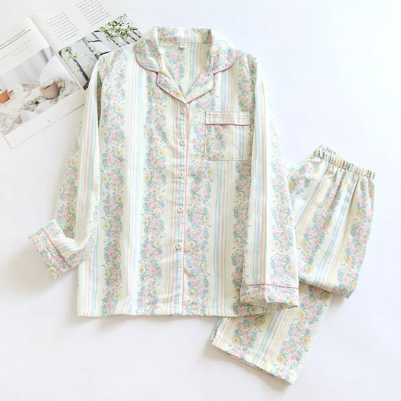 Japanese style cotton gauze ladies homewear set with long sleeves and trousers in stripe or red fruit pattern.