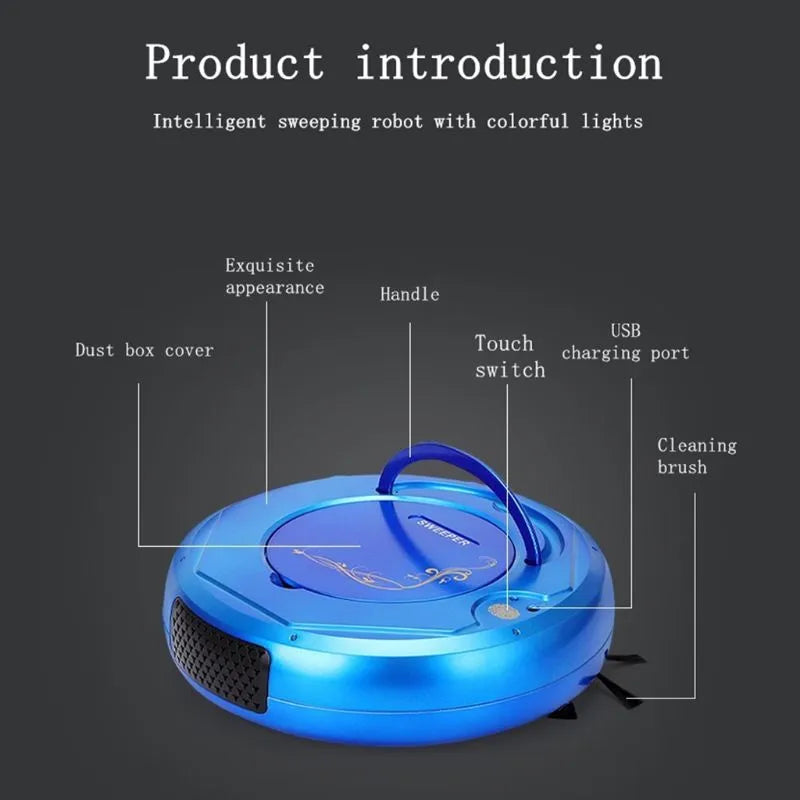 Blue robotic vacuum cleaner on a wooden floor next to its charging cable and accessories.