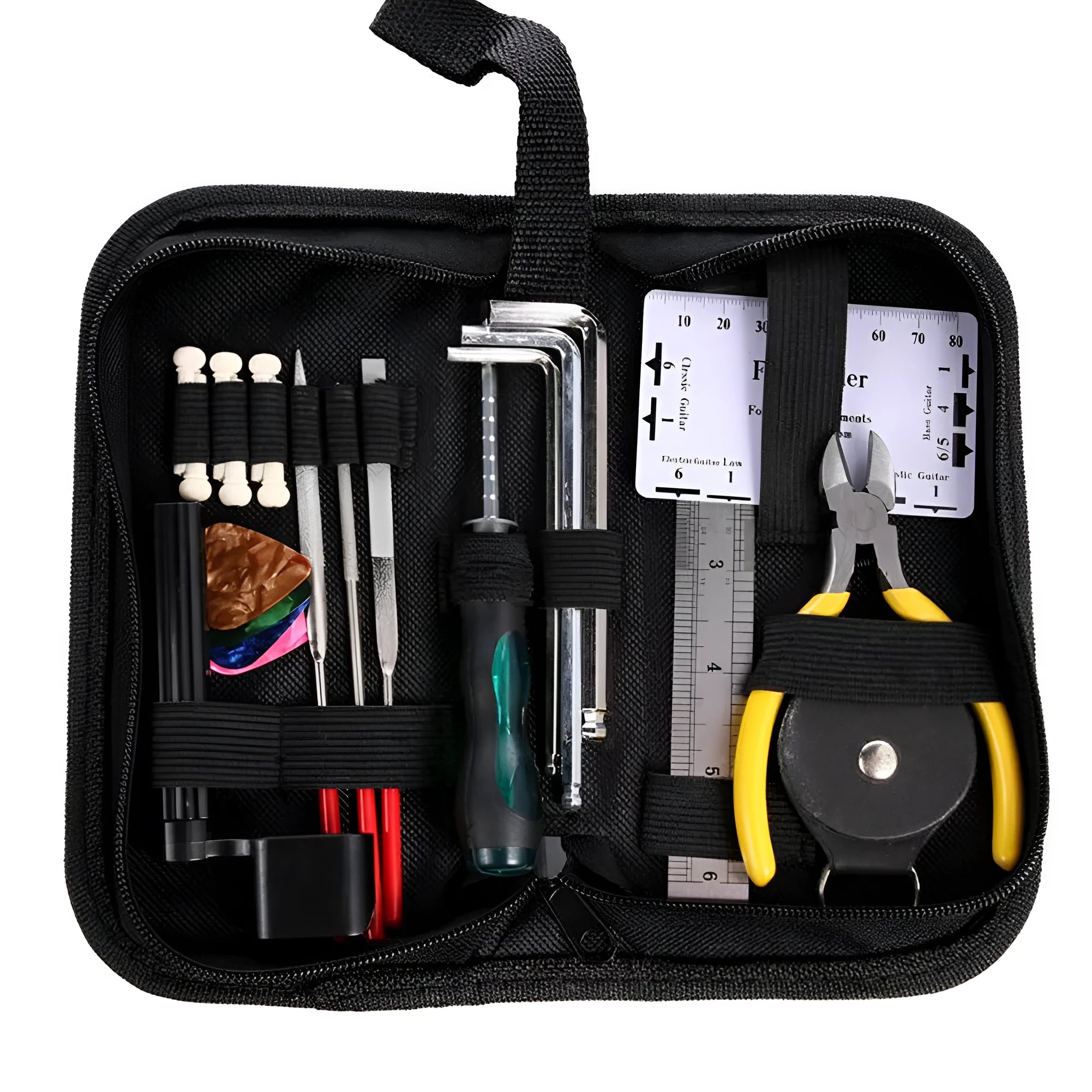 Black plastic toolbox containing a guitar repair and maintenance tool kit for guitar, bass, mandolin, and banjo.