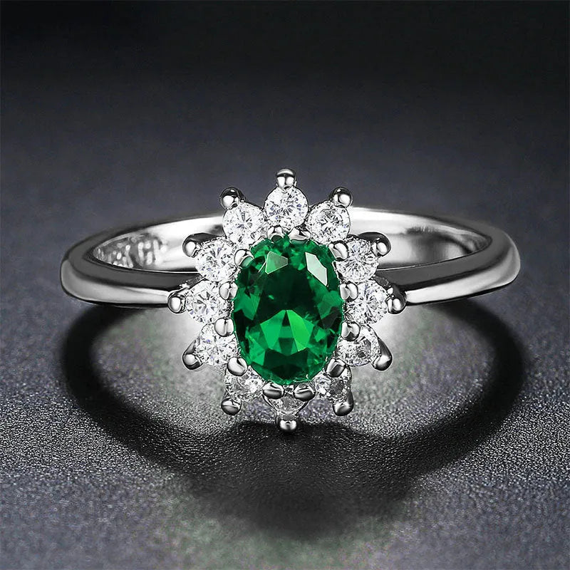 Women's electroplated copper ring with flower shape and zirconium stone accents in blue moissanite colour