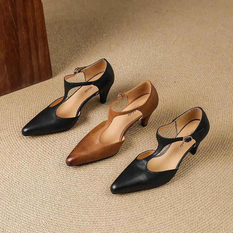 Brown retro women's T-strap high heel sandals with chunky heel and round toe on a white background.