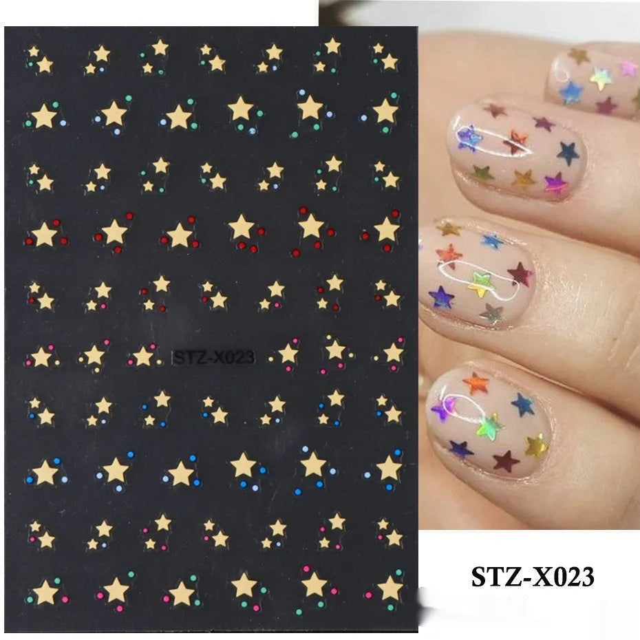 Pack of black and silver strip nail art stickers with cartoon and love pattern designs.