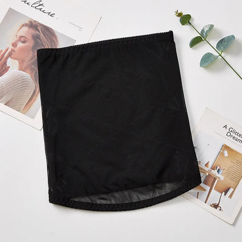 Mesh belly band body sculpting strap in black showing cross-waistband design