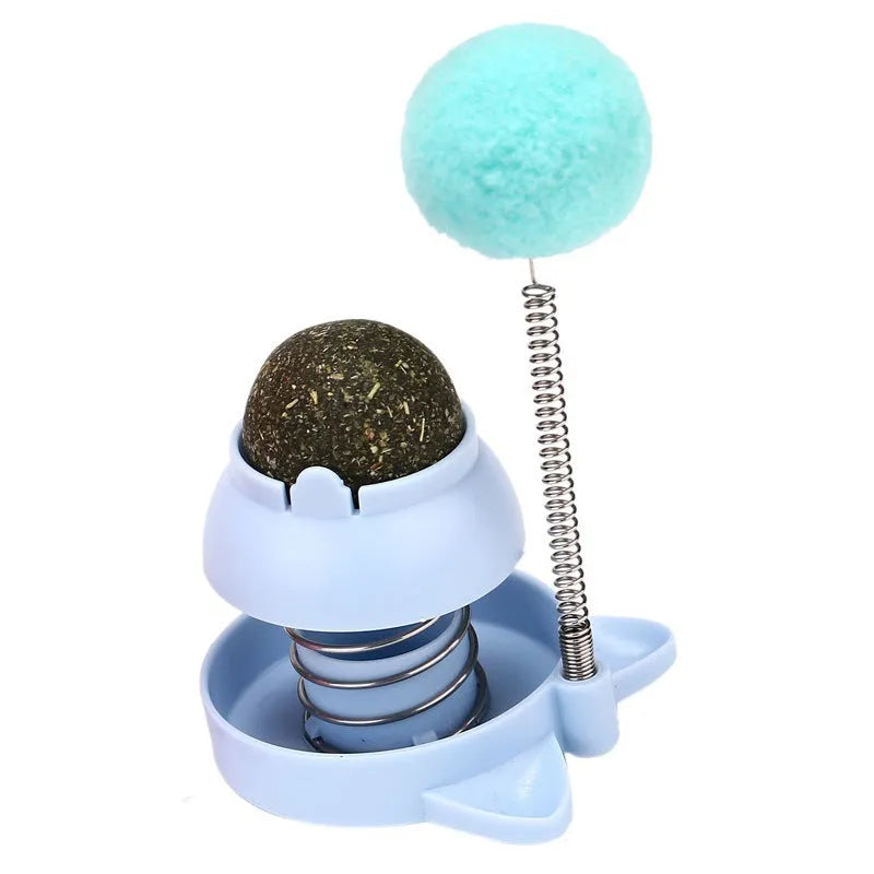 Blue, orange, and pink mint-flavoured cat toy ball with textured surface, 55mm in diameter.