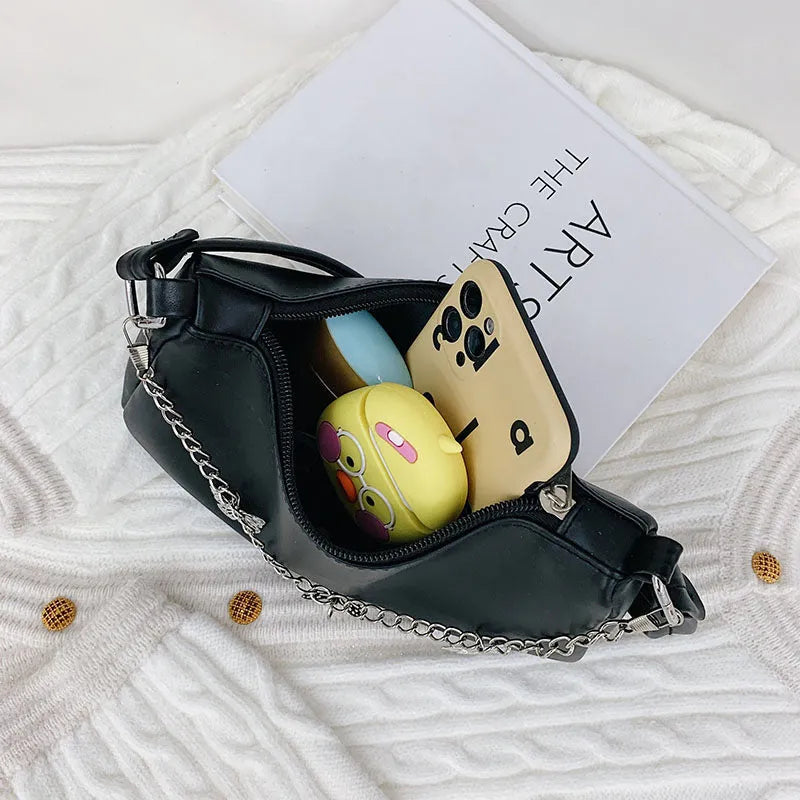 A structured square women's chain underarm bag in PU leather, shown in black, white, khaki, and light blue colour options.