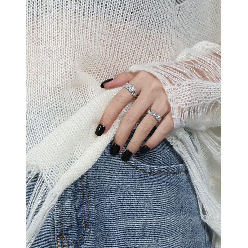 Hammered texture S925 silver adjustable ring in white gold colour