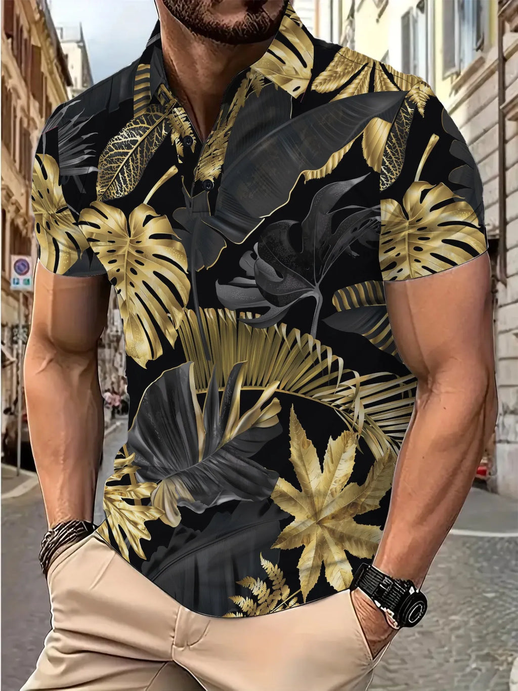 Gold tropical plant pattern printed on men's short sleeve polyester summer shirt