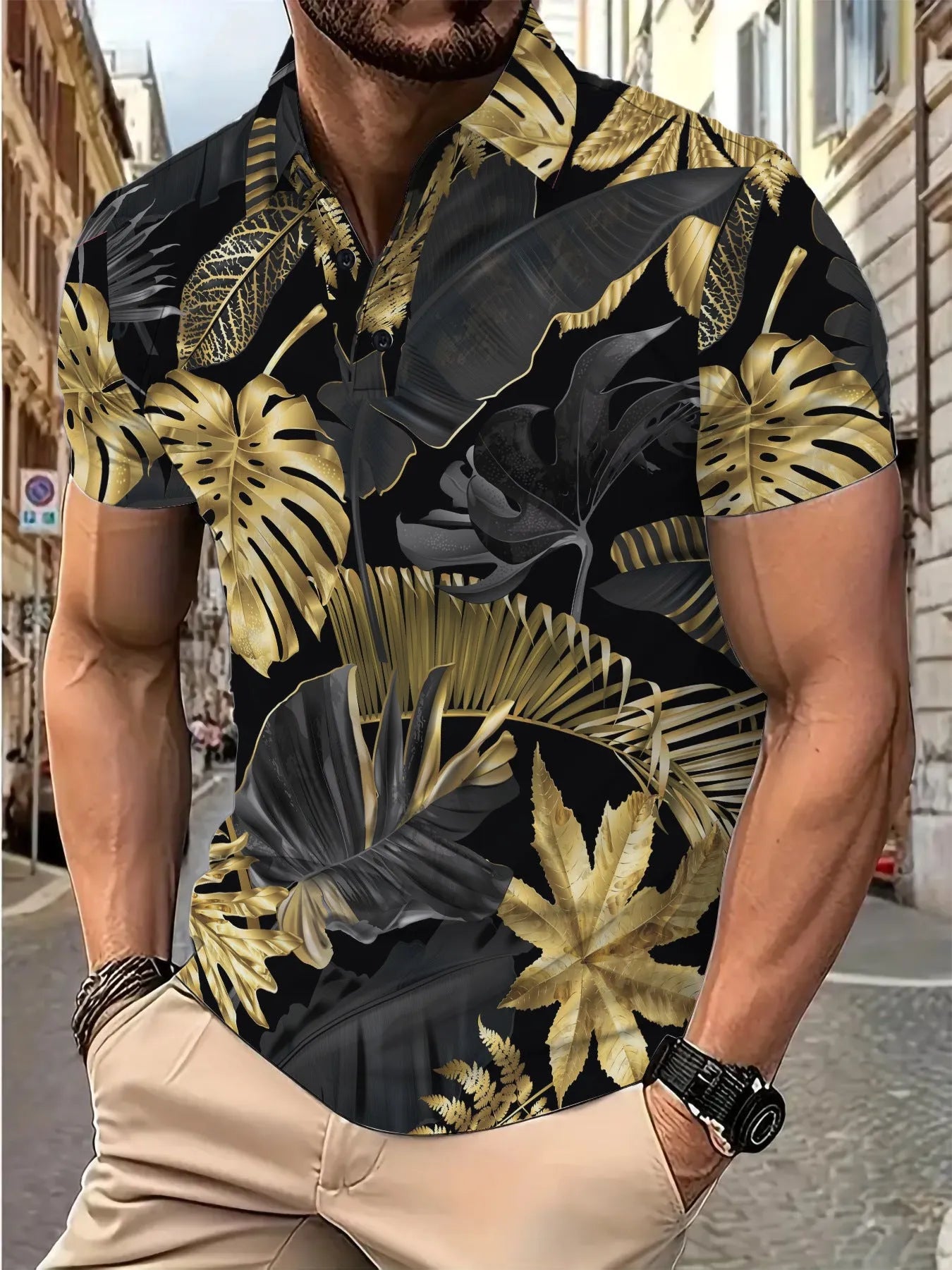 Gold tropical plant pattern printed on men's short sleeve polyester summer shirt