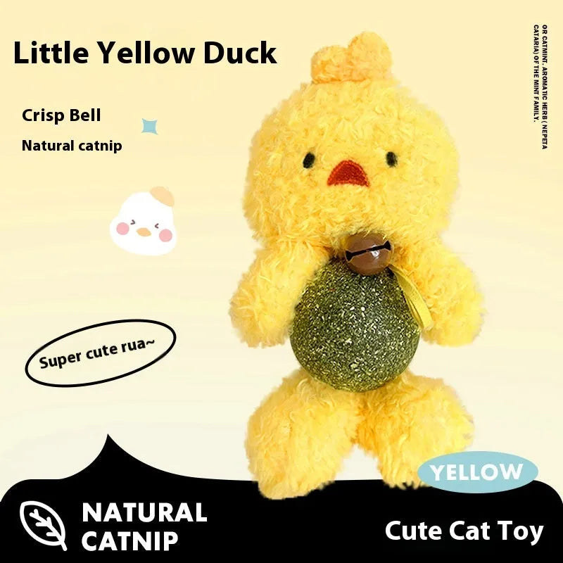 Small plush catnip toy shaped like an animal, featuring a bell, for cats to bite and play with.