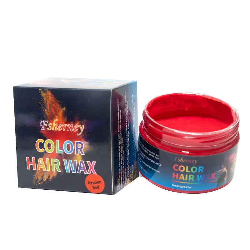 120g hair styling clay container showing colour options including blue, green, purple and rose red