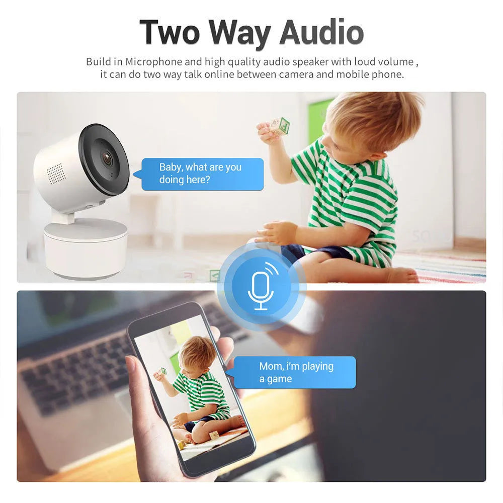 Smart WiFi indoor security camera with 1080p recording and motion tracking features