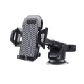 Black universal car phone holder for smartphones 4 to 7 inches wide on a car dashboard